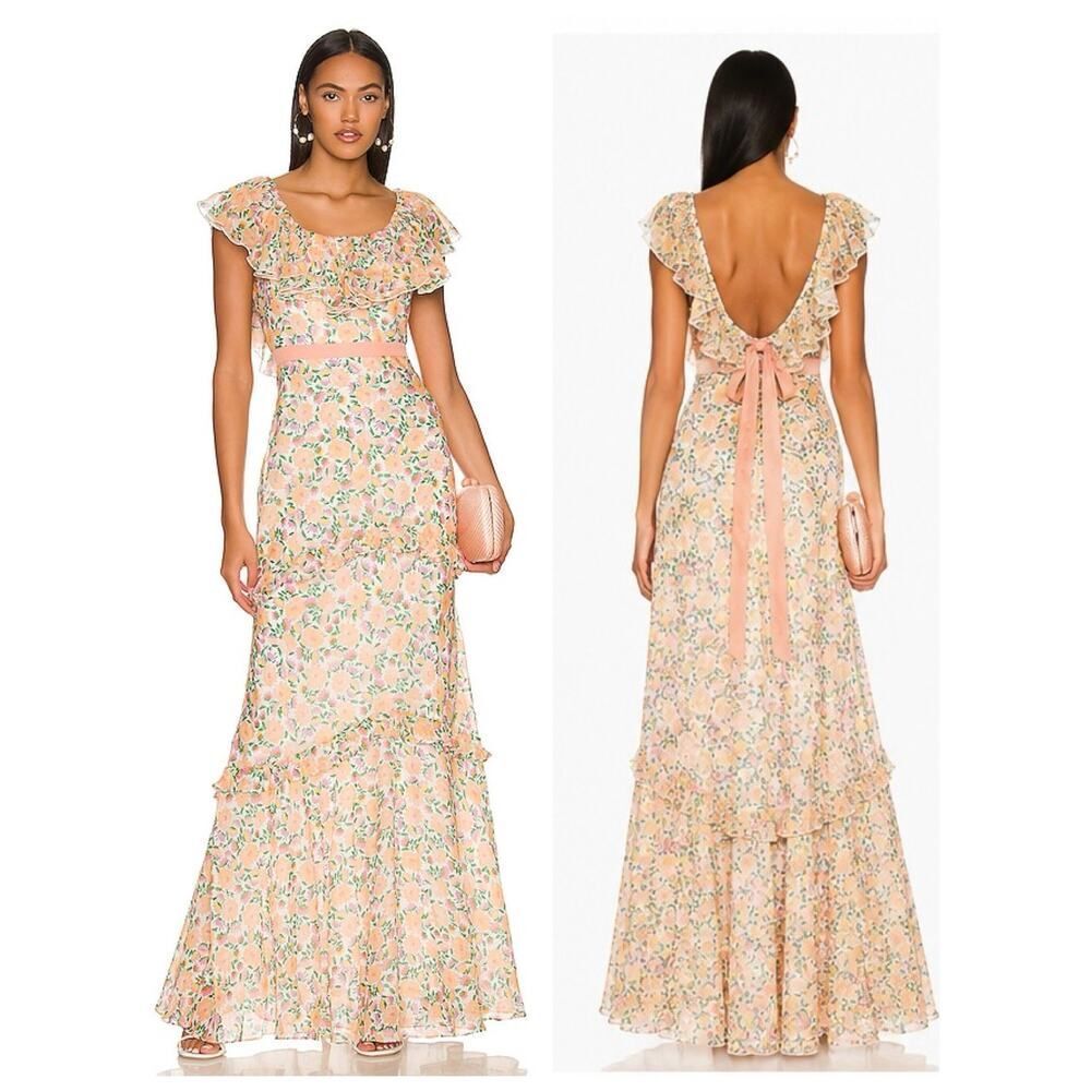 Saloni Elia Floral Silk Georgette Ruffle Midi Dress Peach Petunia Pink US 6 NWT